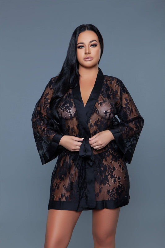 Floral Lace Robe with Satin Trimming